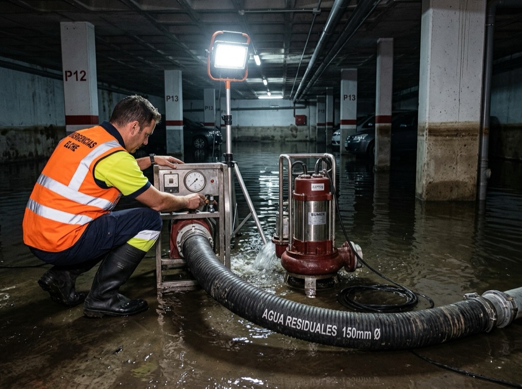 Achique de emergencia en garaje subterráneo en Elche con bomba sumergible industrial