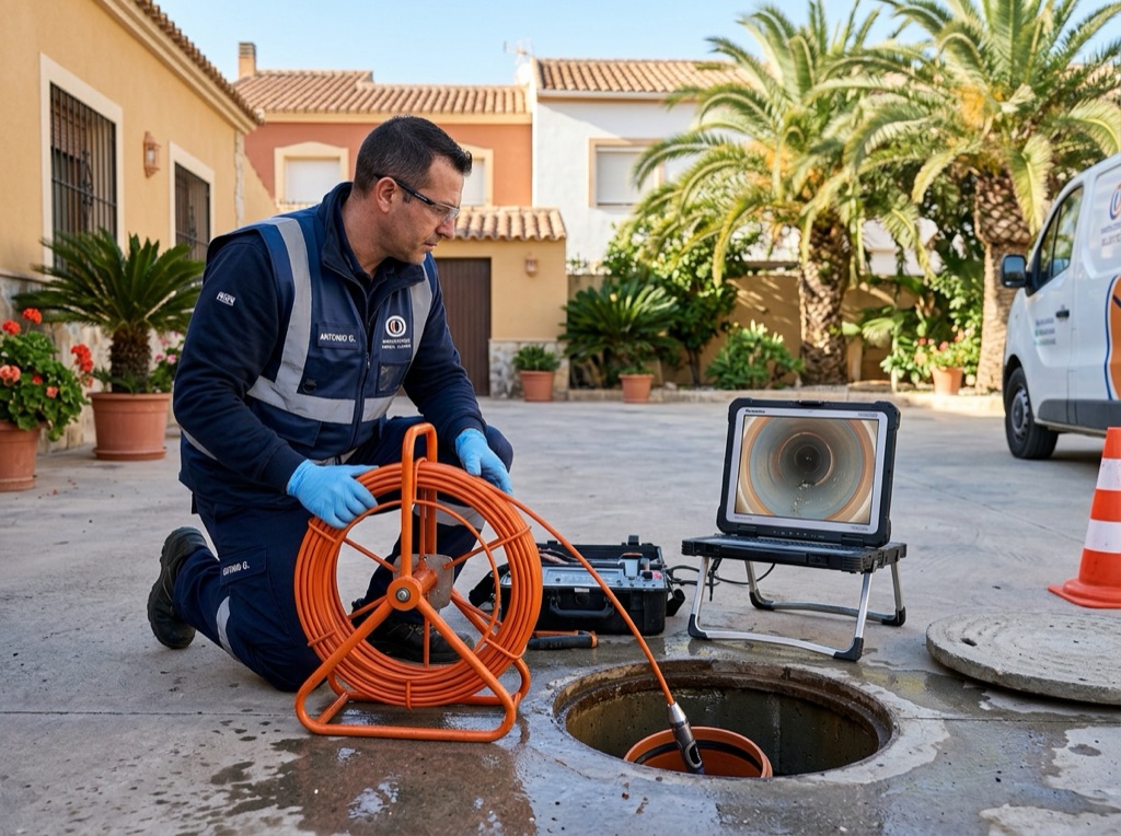 Técnico realizando inspección con cámara CCTV robotizada en Elche
